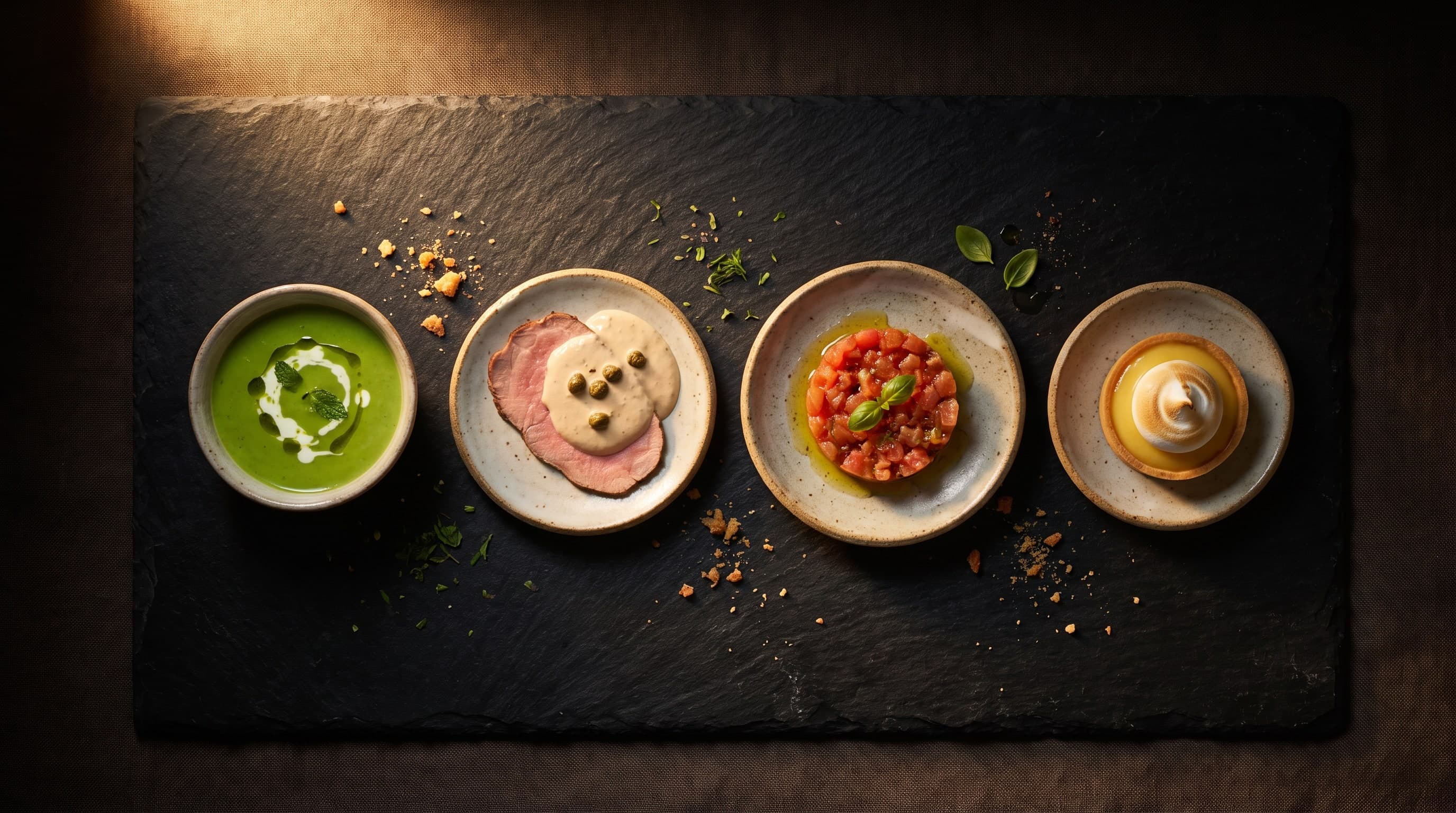 Vier kleine Probierteller auf dunklem Stein: Erbsen-Velouté, Vitello tonnato, Tomatentatar und Zitronentarte