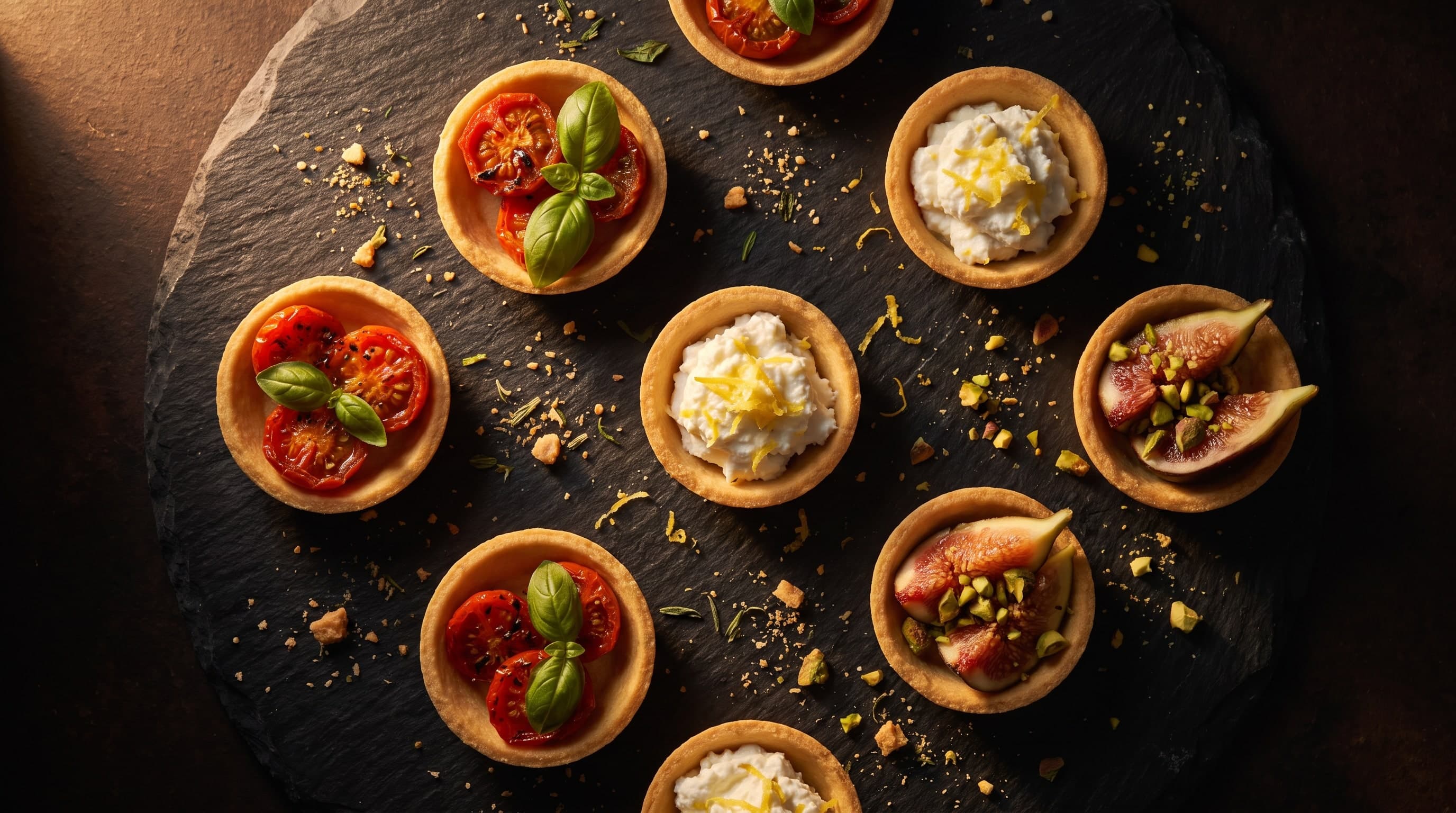 Runde Schieferplatte mit kleinen Tartelettes: Kirschtomaten mit Basilikum, Ricotta mit Zitronenzeste, Feige mit Pistazie