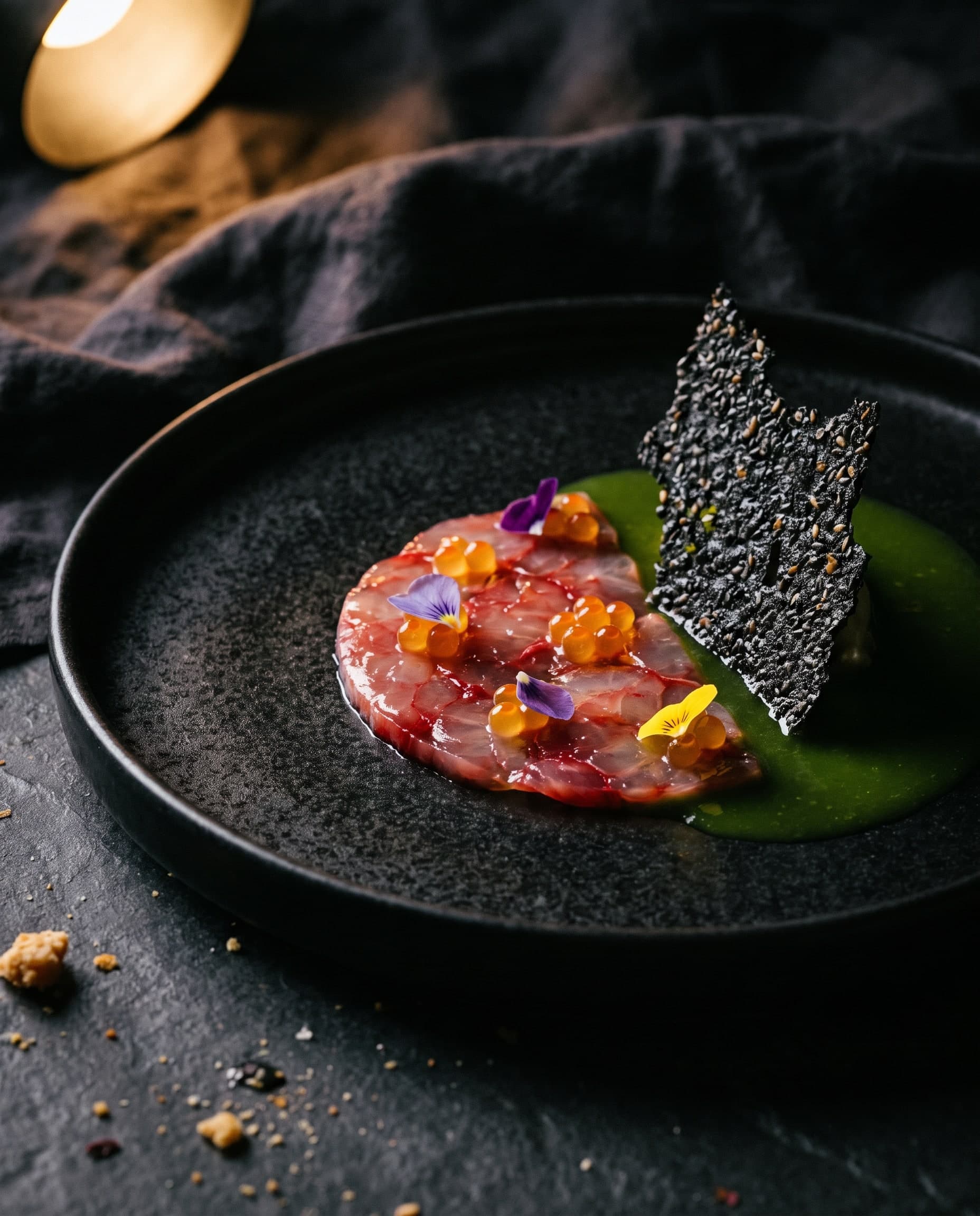 Rosa Carpaccio mit orangefarbenen Perlen und essbaren Blüten, daneben eine schwarze Tuile und grüne Sauce auf dunklem Teller