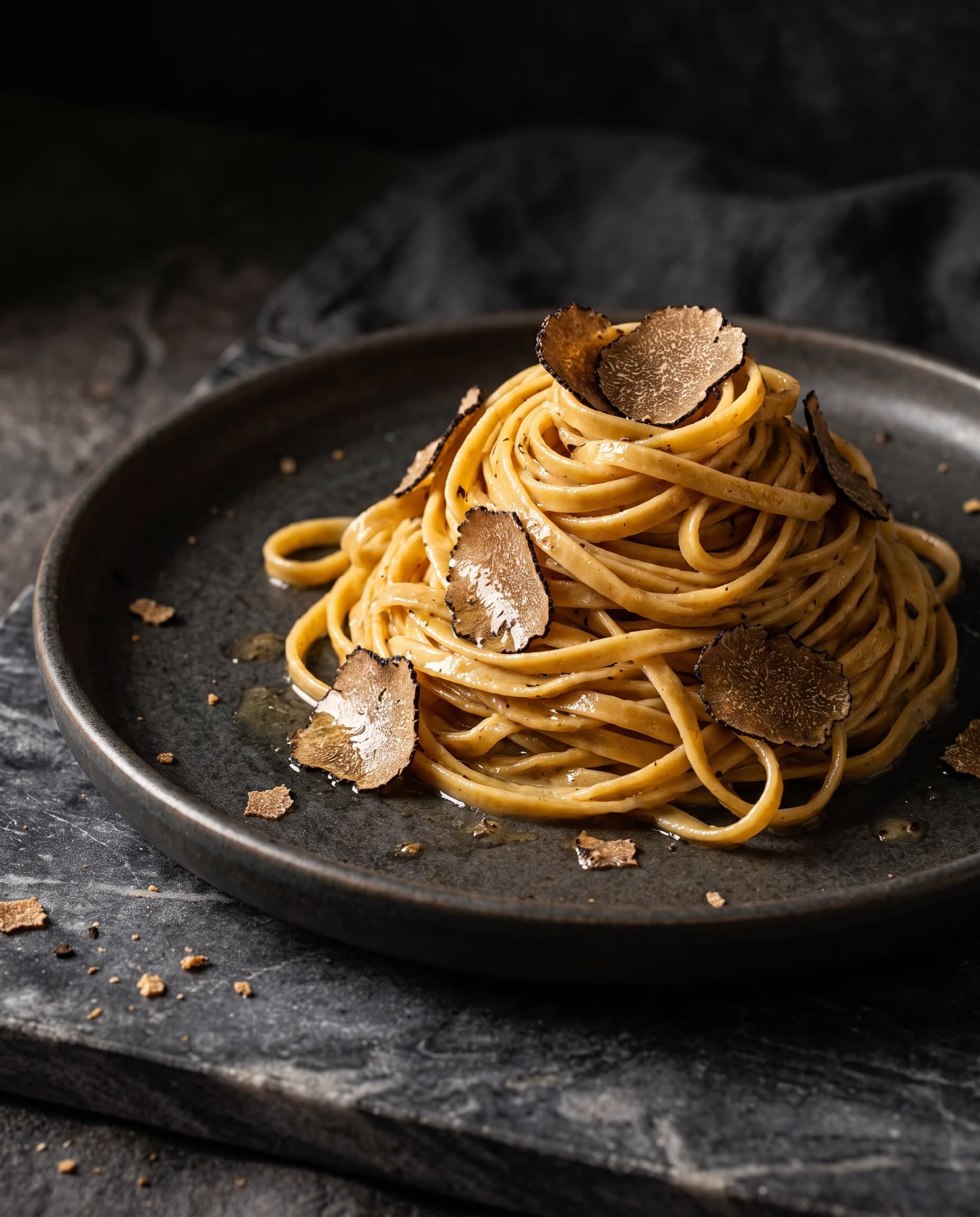 Hoch aufgedrehte Tagliolini mit gehobeltem schwarzem Trüffel auf einem dunklen Teller