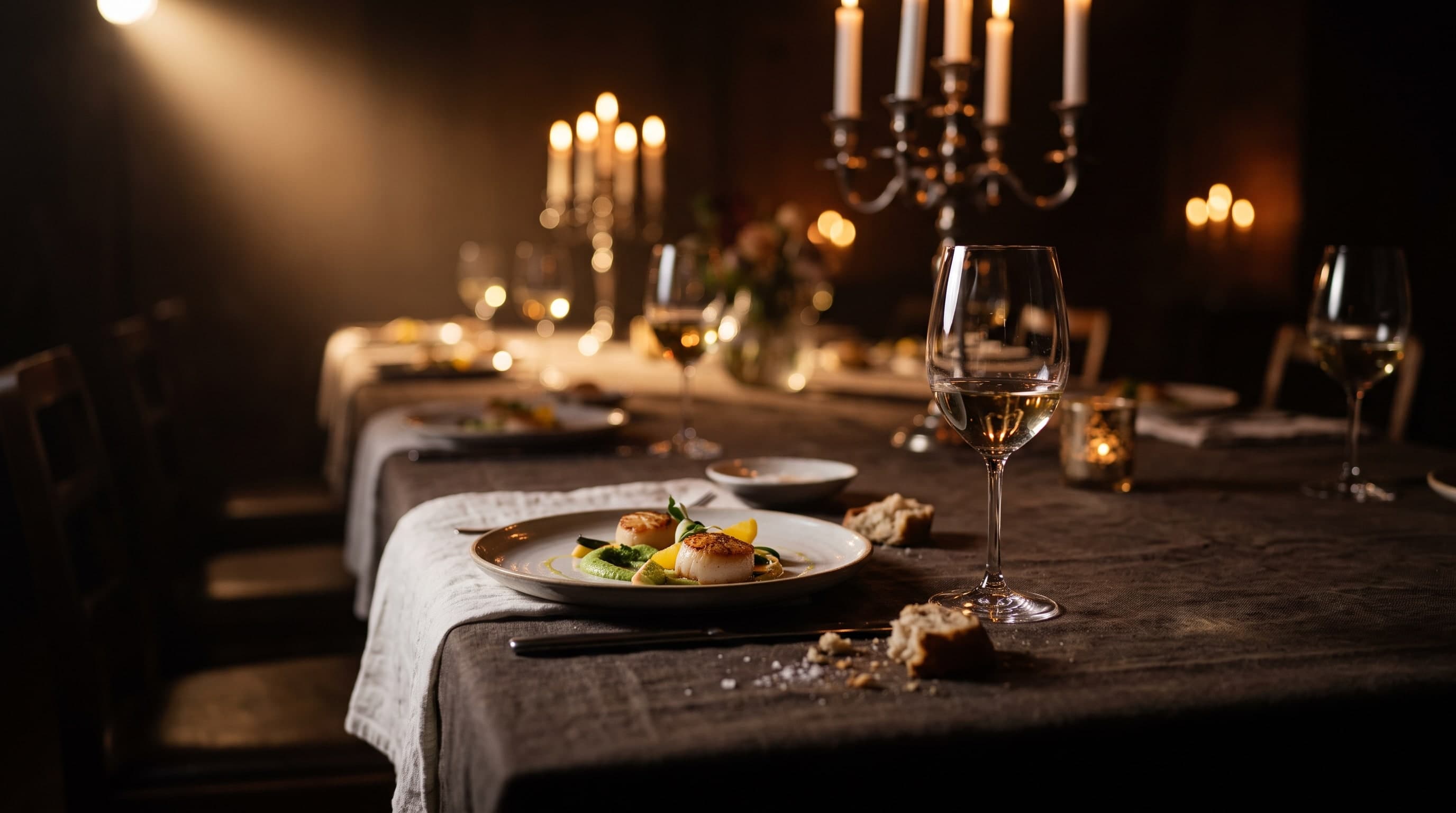 Lange Tafel mit dunklem Tischtuch und weißem Läufer, Kerzenleuchtern, Weingläsern und einer angerichteten Vorspeise