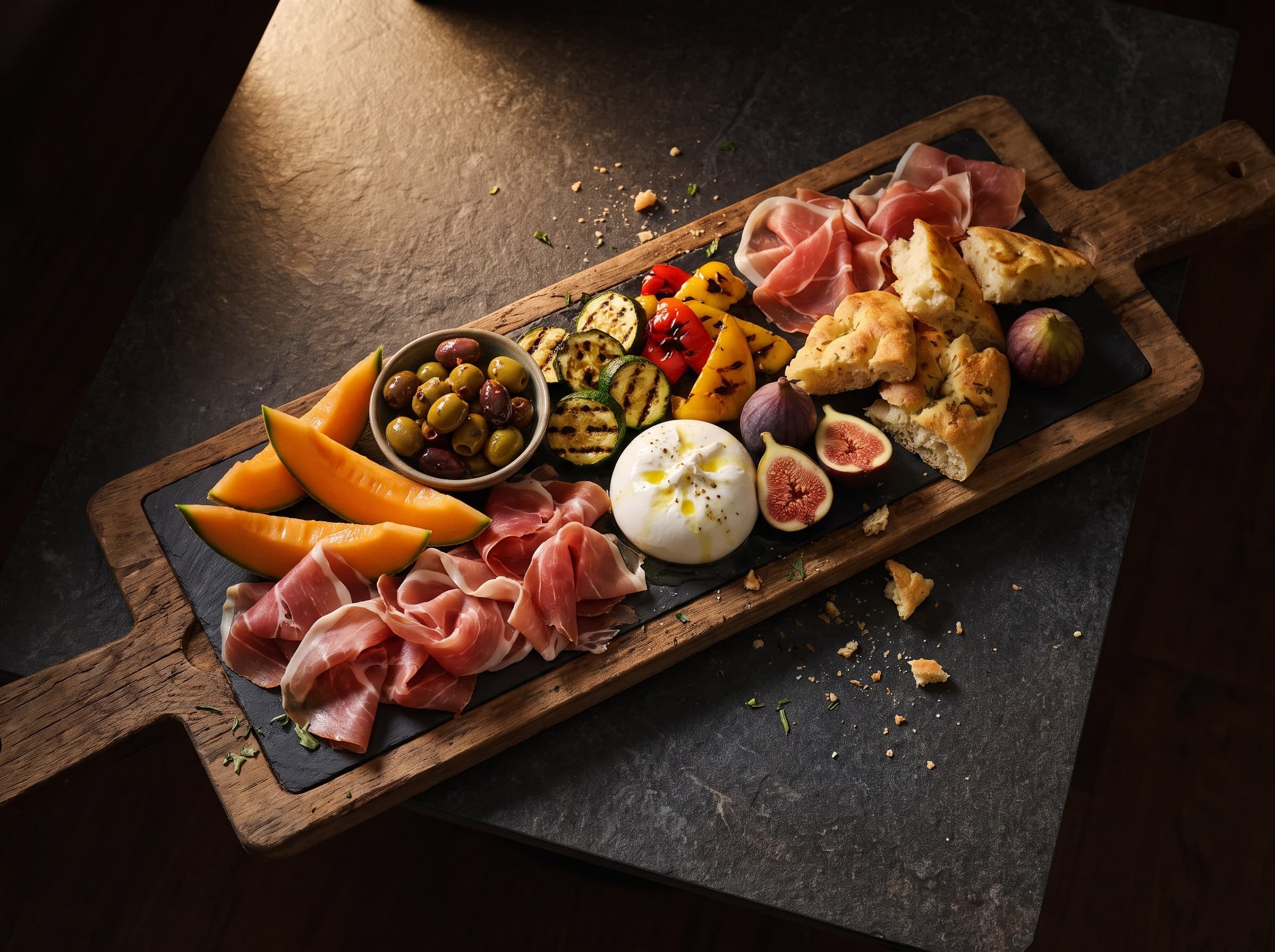 Lange Holzplatte mit Prosciutto, Melone, Oliven, gegrilltem Gemüse, Feigen und Burrata